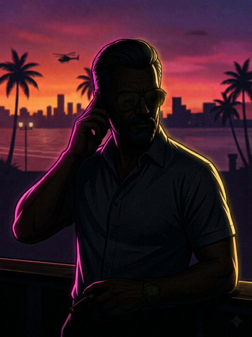 The Guru — trading accountability mentor in shades with a cigar, against a neon Miami sunset